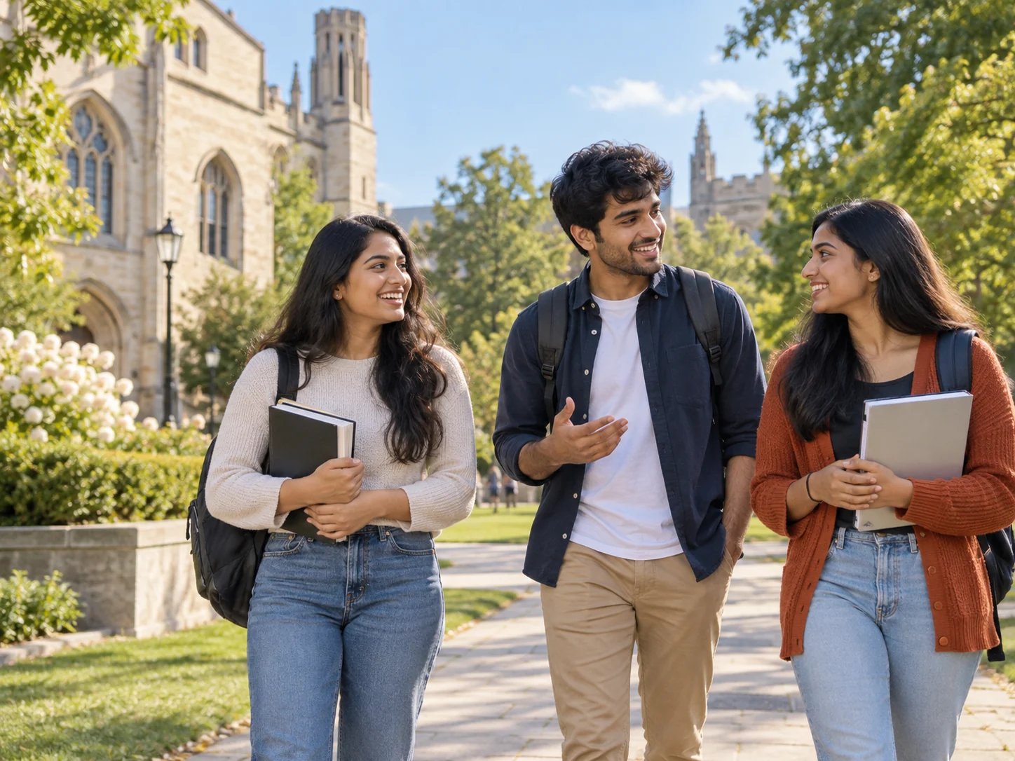 An illustration of three students enjoying a sunny university campus